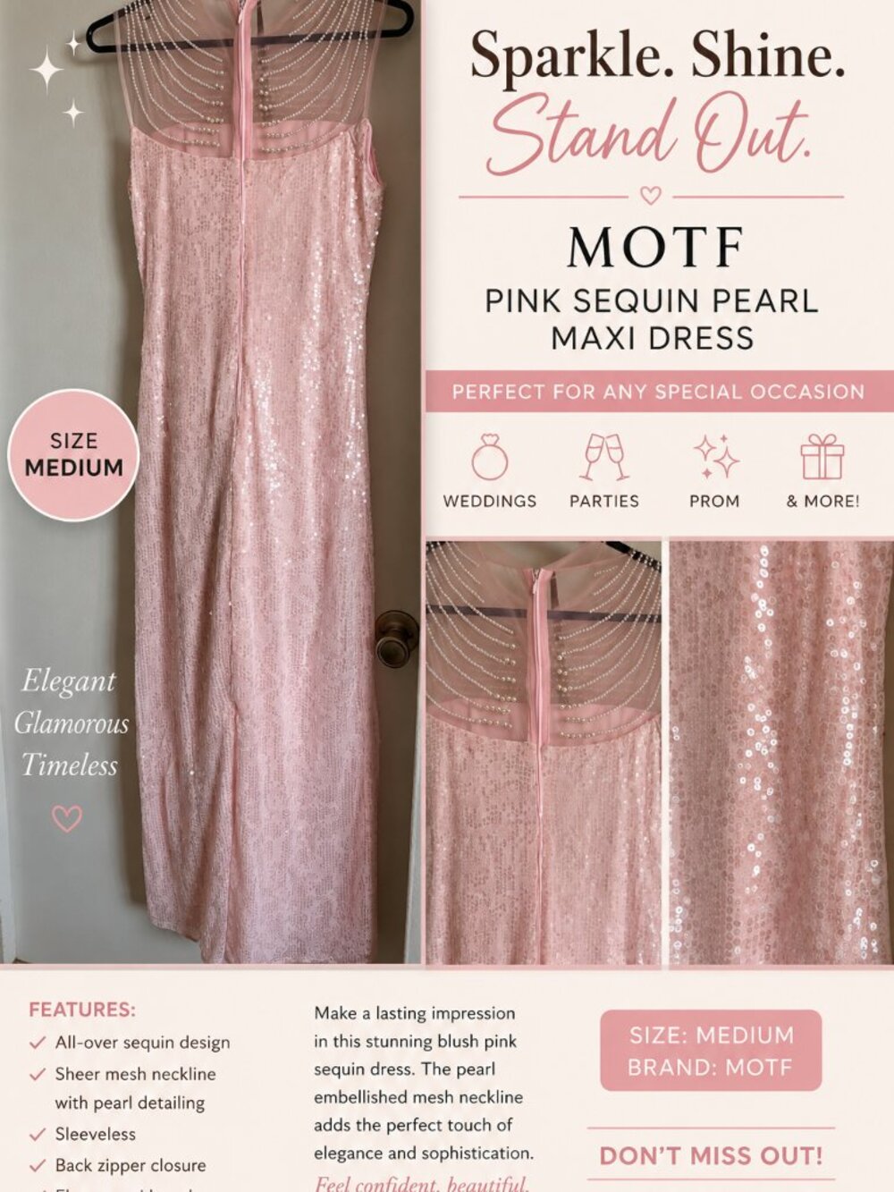 MOTF Pink Sequin Pearl Maxi Dress Medium Formal Prom Gatsby Glam Evening Gown